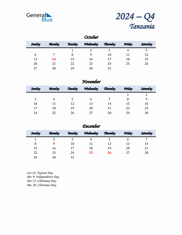 October, November, and December Calendar for Tanzania with Sunday Start