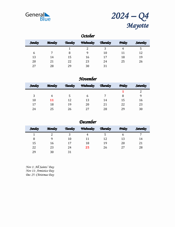 October, November, and December Calendar for Mayotte with Sunday Start