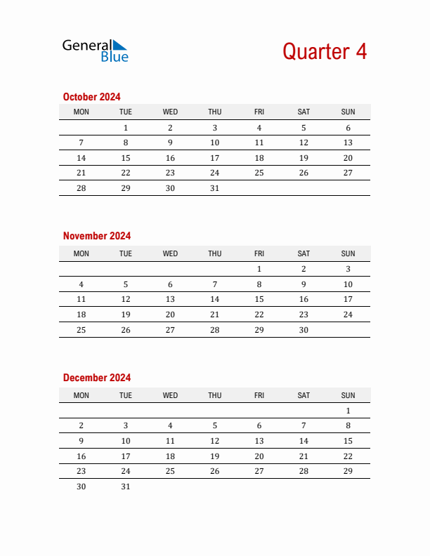 Three-Month Printable Calendar 2024