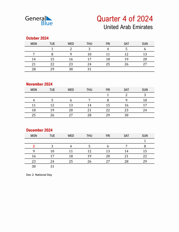 Printable Three Month Calendar with United Arab Emirates Holidays