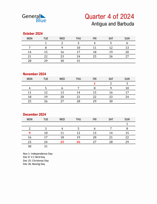 Printable Three Month Calendar with Antigua and Barbuda Holidays