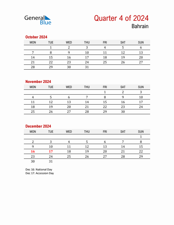 Printable Three Month Calendar with Bahrain Holidays