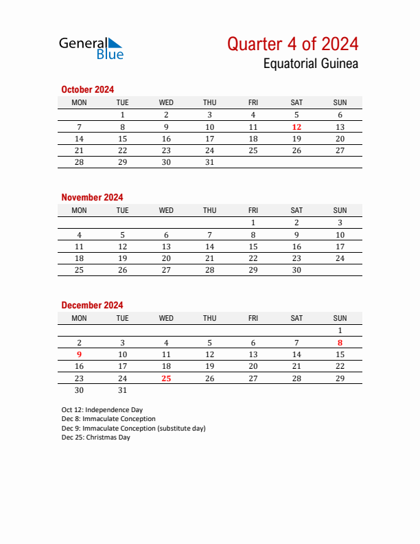 Printable Three Month Calendar with Equatorial Guinea Holidays