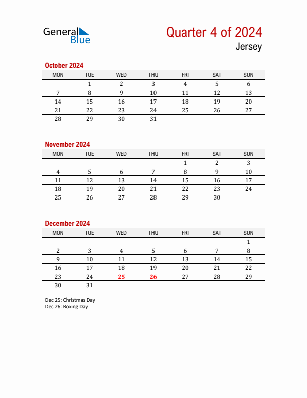 Printable Three Month Calendar with Jersey Holidays