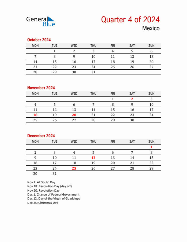 Printable Three Month Calendar with Mexico Holidays