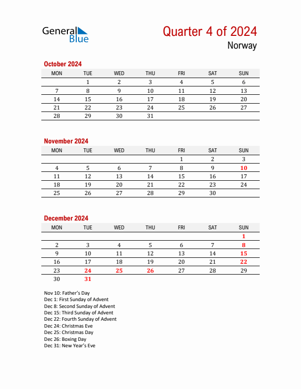 Printable Three Month Calendar with Norway Holidays