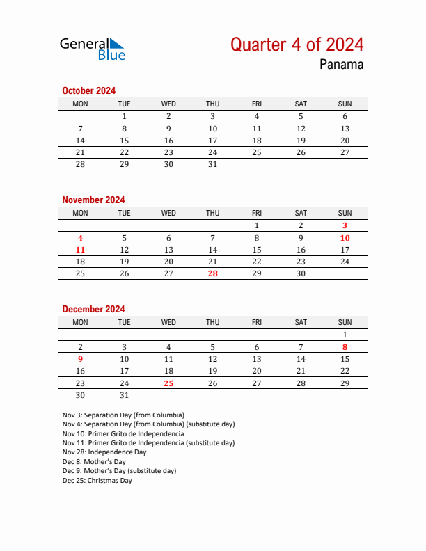 Printable Three Month Calendar with Panama Holidays