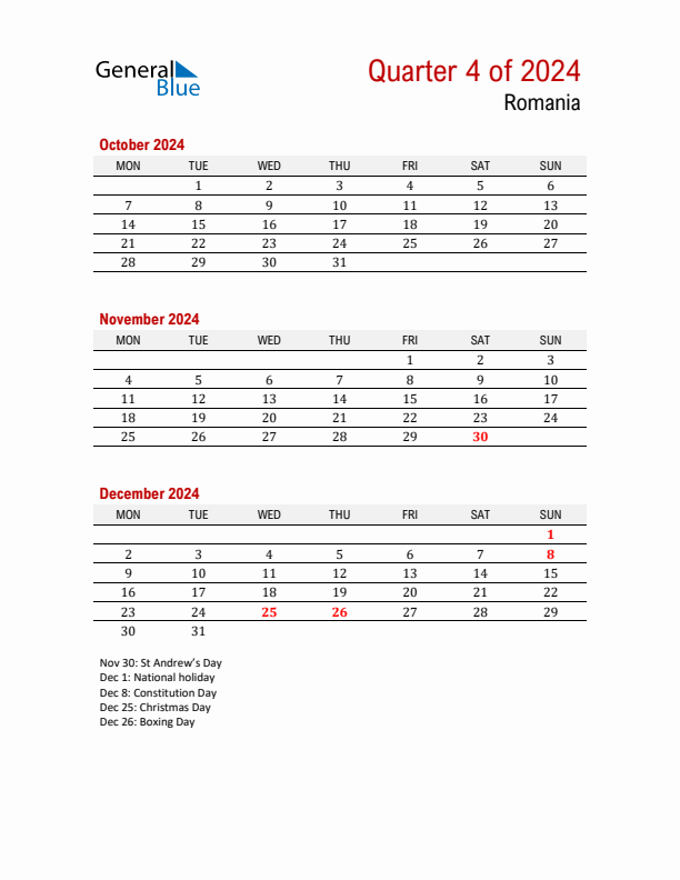 Printable Three Month Calendar with Romania Holidays