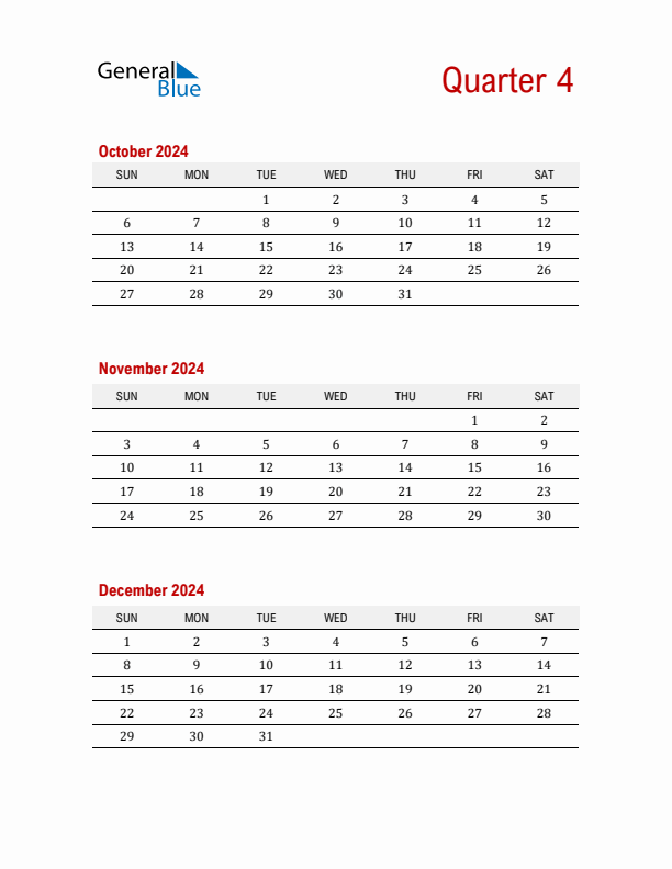 Three-Month Printable Calendar 2024