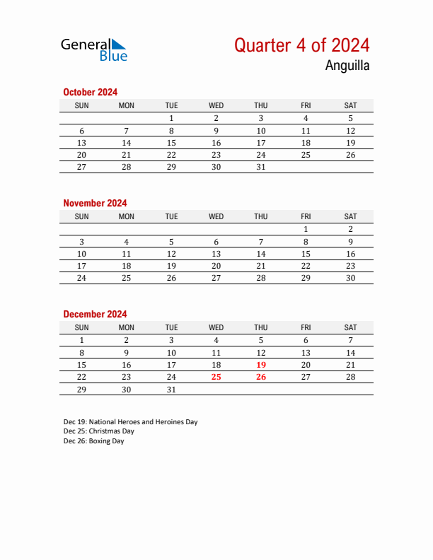 Printable Three Month Calendar with Anguilla Holidays