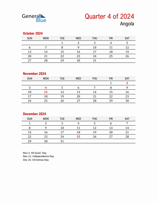 Printable Three Month Calendar with Angola Holidays