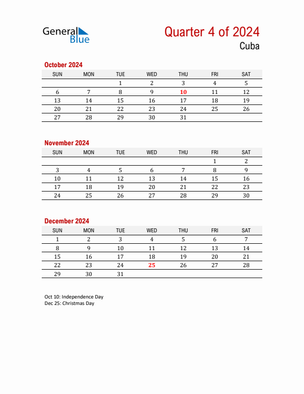 Printable Three Month Calendar with Cuba Holidays