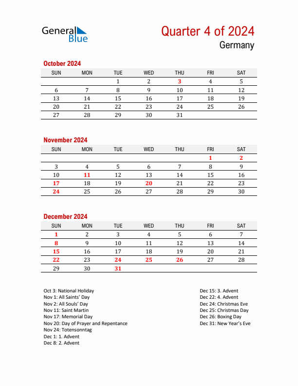 Printable Three Month Calendar with Germany Holidays