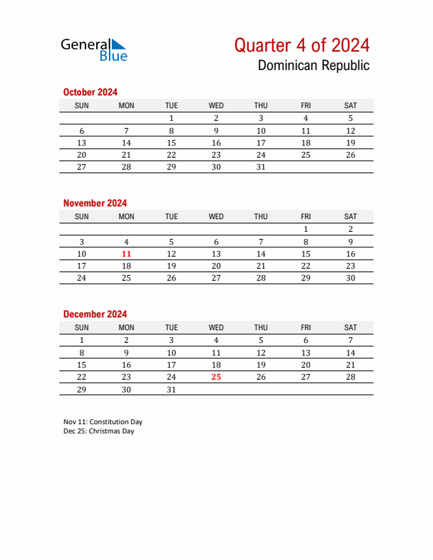 Printable Three Month Calendar with Dominican Republic Holidays