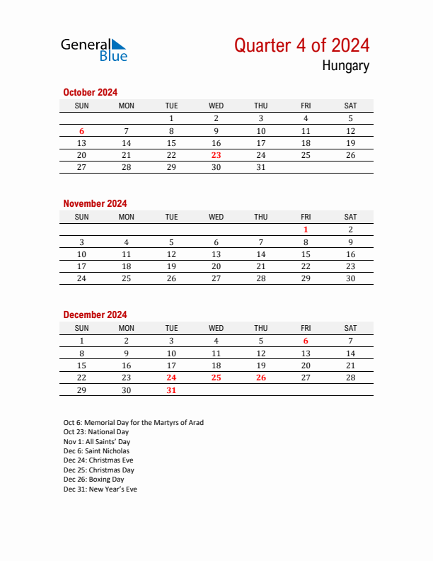 Printable Three Month Calendar with Hungary Holidays