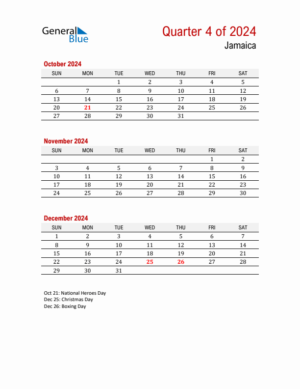 Printable Three Month Calendar with Jamaica Holidays