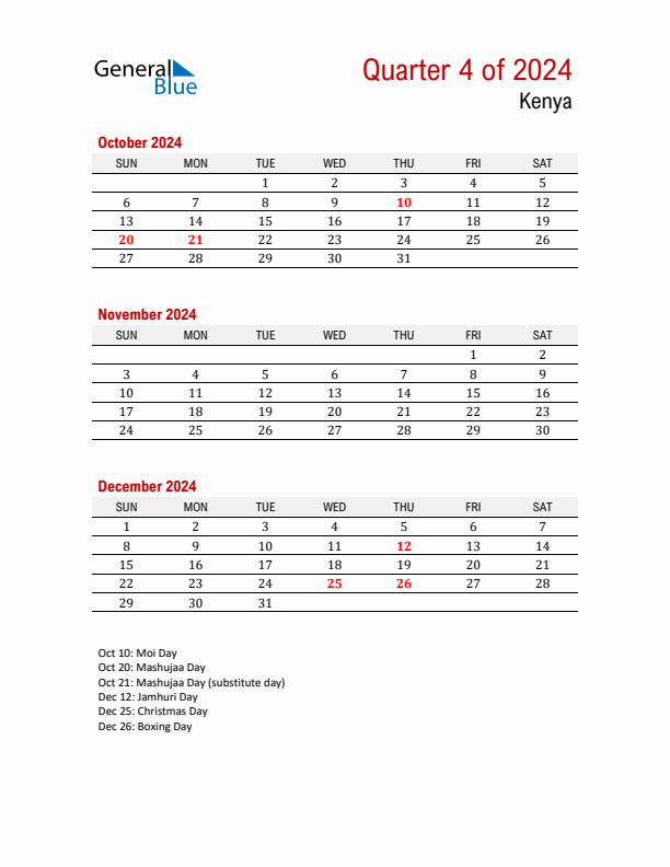 Printable Three Month Calendar with Kenya Holidays