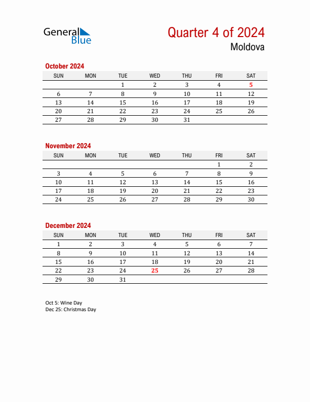 Printable Three Month Calendar with Moldova Holidays