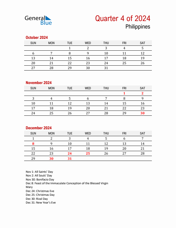 Printable Three Month Calendar with Philippines Holidays