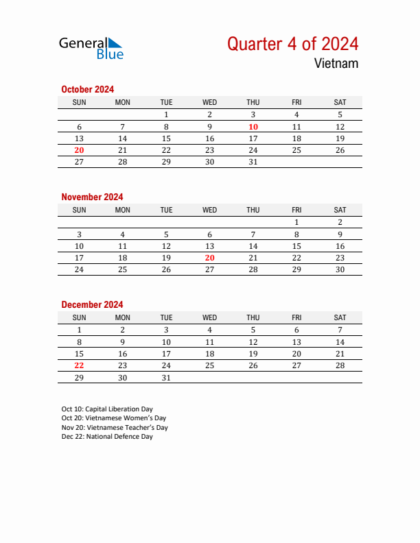 Printable Three Month Calendar with Vietnam Holidays