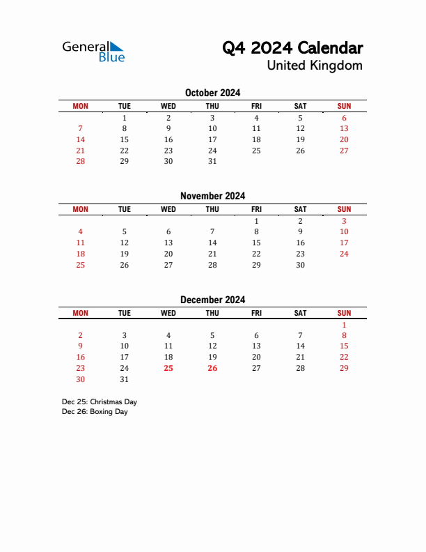 2024 Q4 Calendar with Holidays List for United Kingdom