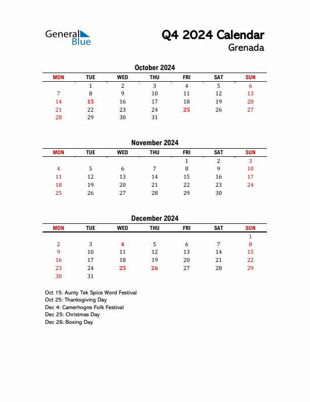 2024 Q4 Calendar with Holidays List for Grenada