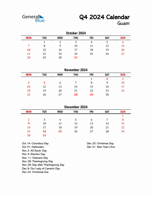 2024 Q4 Calendar with Holidays List for Guam