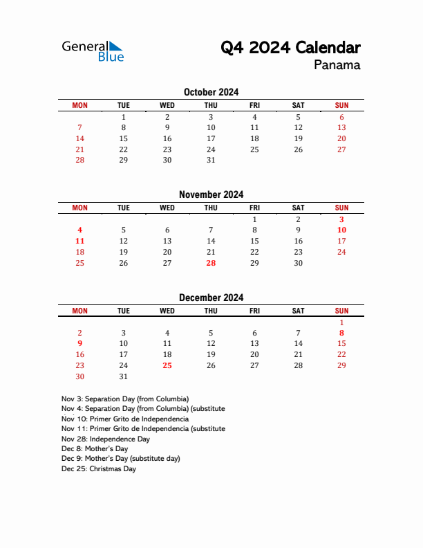 2024 Q4 Calendar with Holidays List for Panama