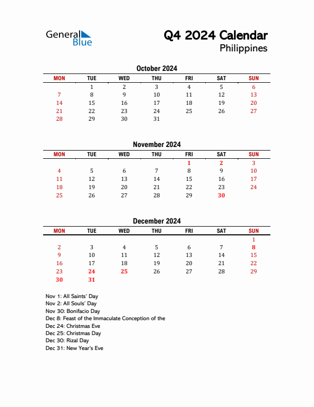 2024 Q4 Calendar with Holidays List for Philippines