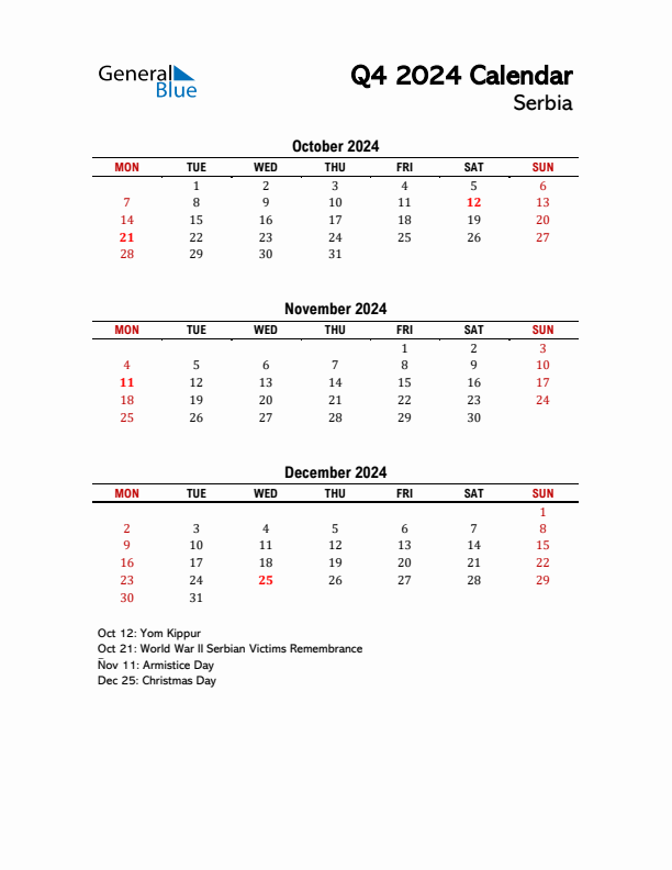 2024 Q4 Calendar with Holidays List for Serbia