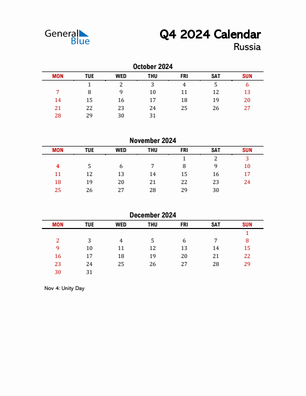 2024 Q4 Calendar with Holidays List for Russia