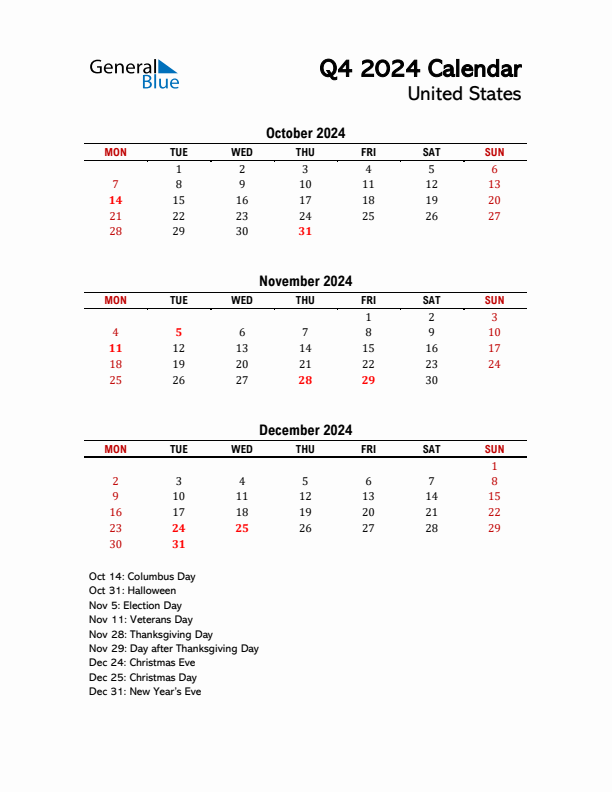 2024 Q4 Calendar with Holidays List for United States