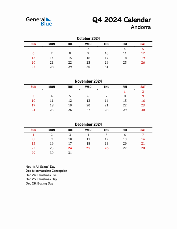 2024 Q4 Calendar with Holidays List for Andorra