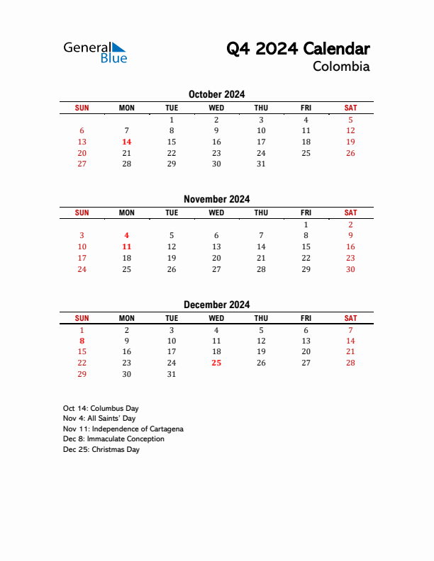 2024 Q4 Calendar with Holidays List for Colombia