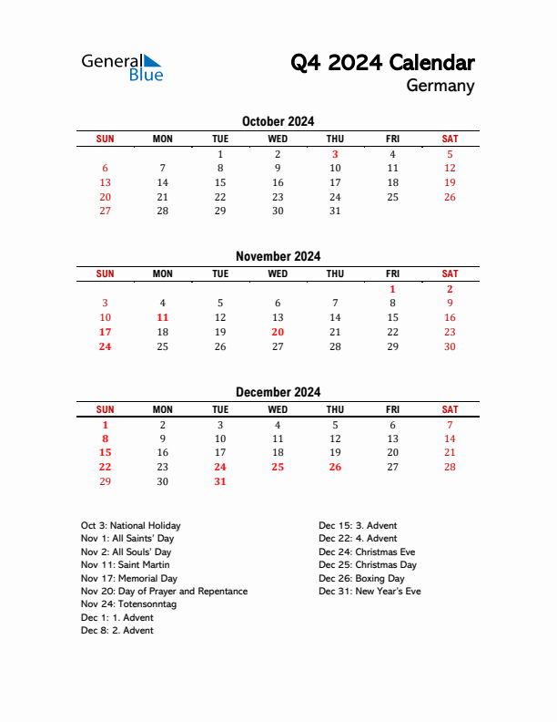 2024 Q4 Calendar with Holidays List for Germany