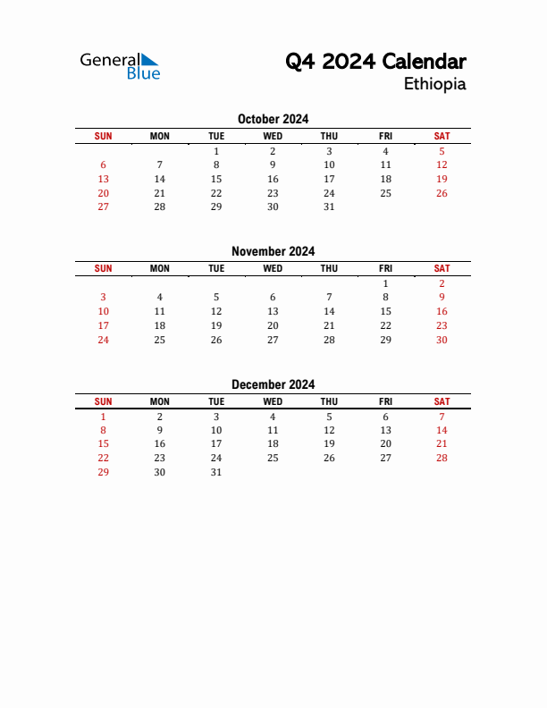 2024 Q4 Calendar with Holidays List for Ethiopia