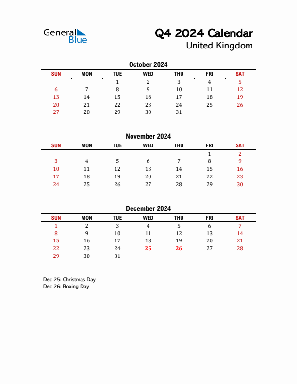 2024 Q4 Calendar with Holidays List for United Kingdom