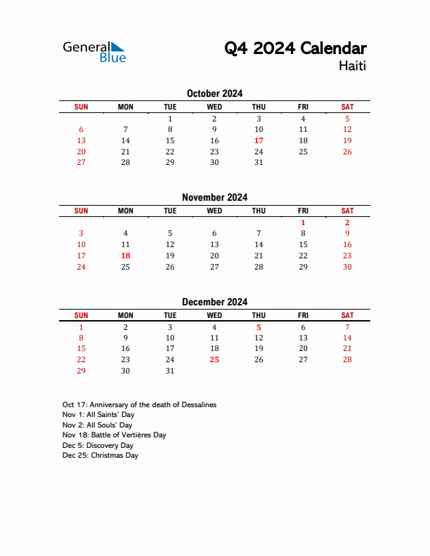 2024 Q4 Calendar with Holidays List for Haiti