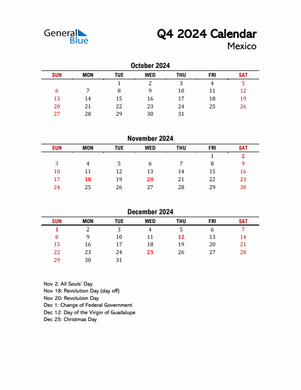 2024 Q4 Calendar with Holidays List for Mexico