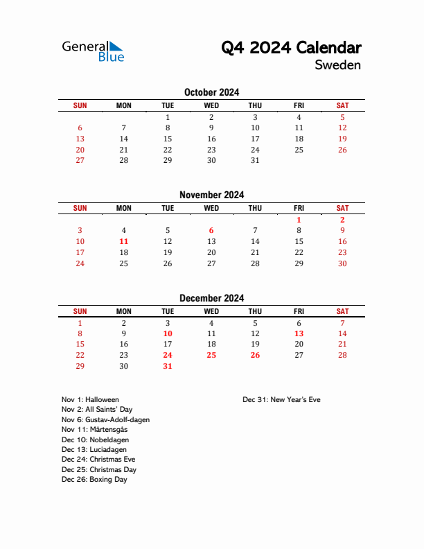 2024 Q4 Calendar with Holidays List for Sweden