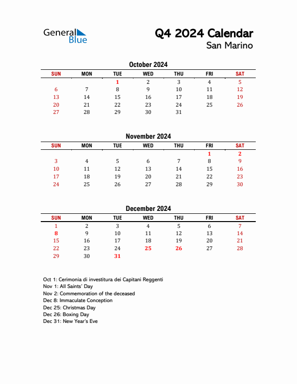 2024 Q4 Calendar with Holidays List for San Marino