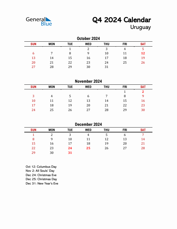 2024 Q4 Calendar with Holidays List for Uruguay