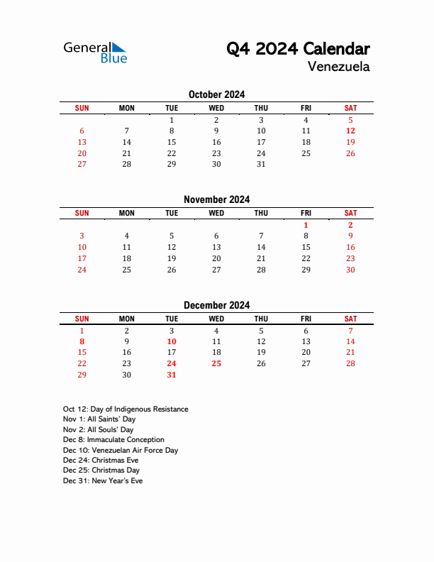 2024 Q4 Calendar with Holidays List for Venezuela