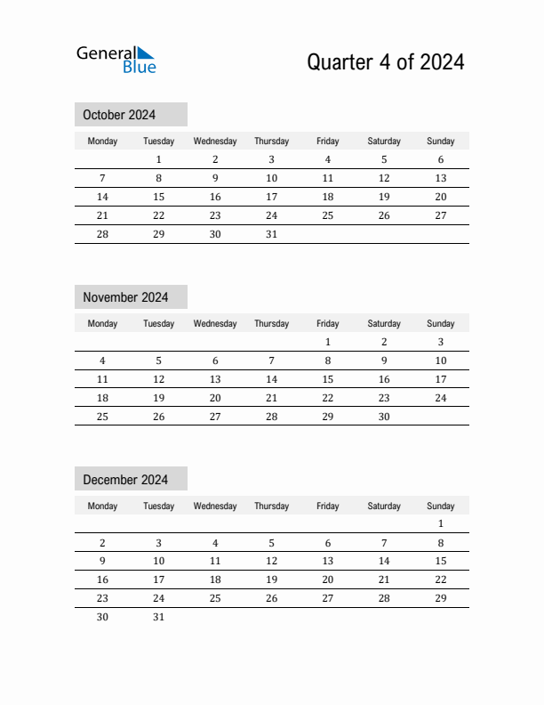 October, November, and December Calendar 2024