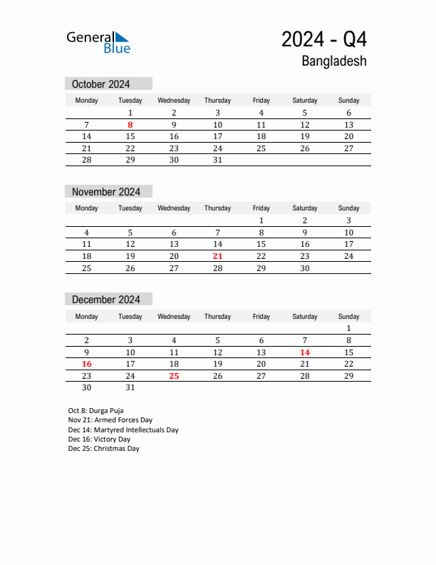 Bangladesh Quarter 4 2024 Calendar with Holidays