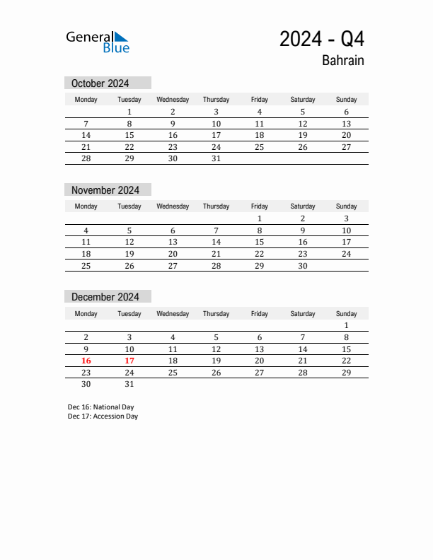 Bahrain Quarter 4 2024 Calendar with Holidays