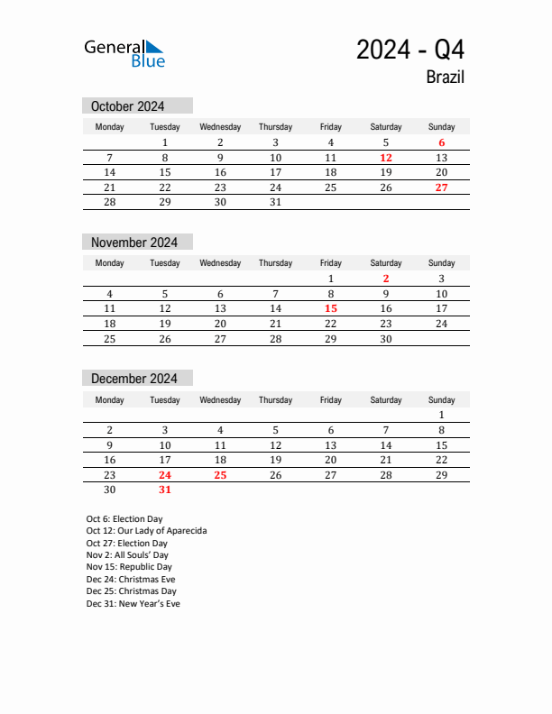 Brazil Quarter 4 2024 Calendar with Holidays