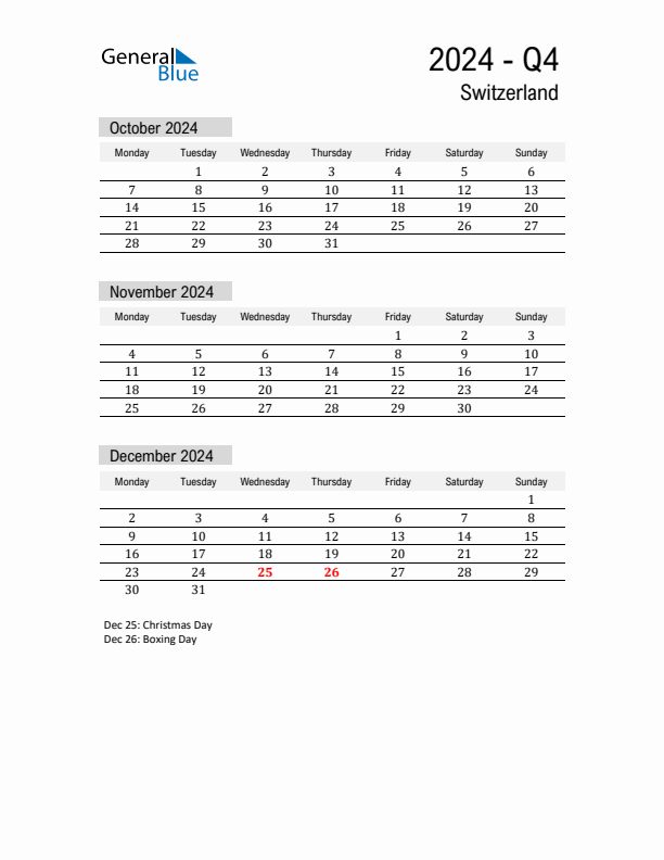 Switzerland Quarter 4 2024 Calendar with Holidays