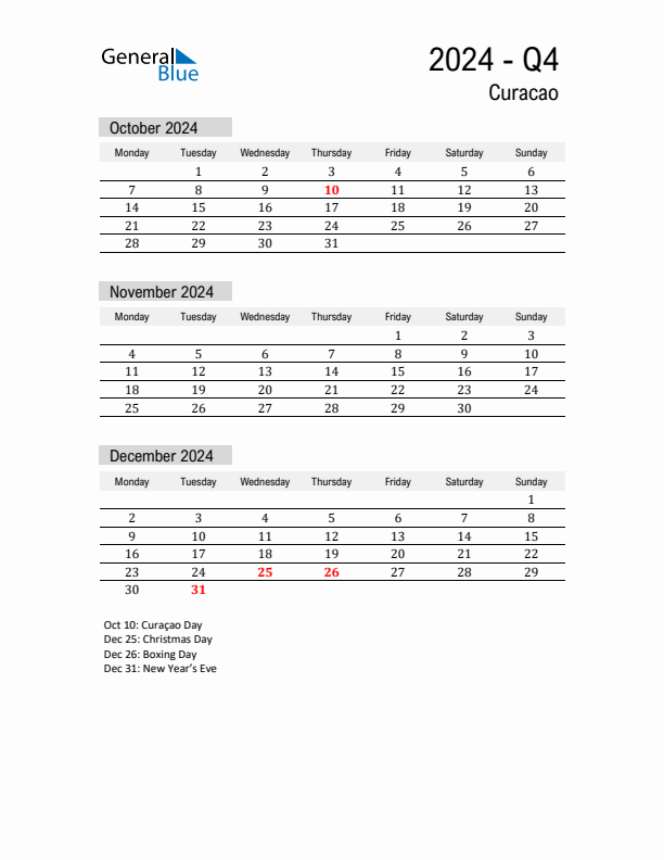 Curacao Quarter 4 2024 Calendar with Holidays