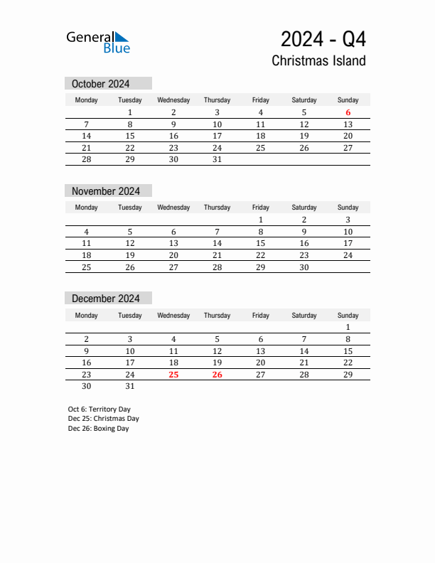 Christmas Island Quarter 4 2024 Calendar with Holidays